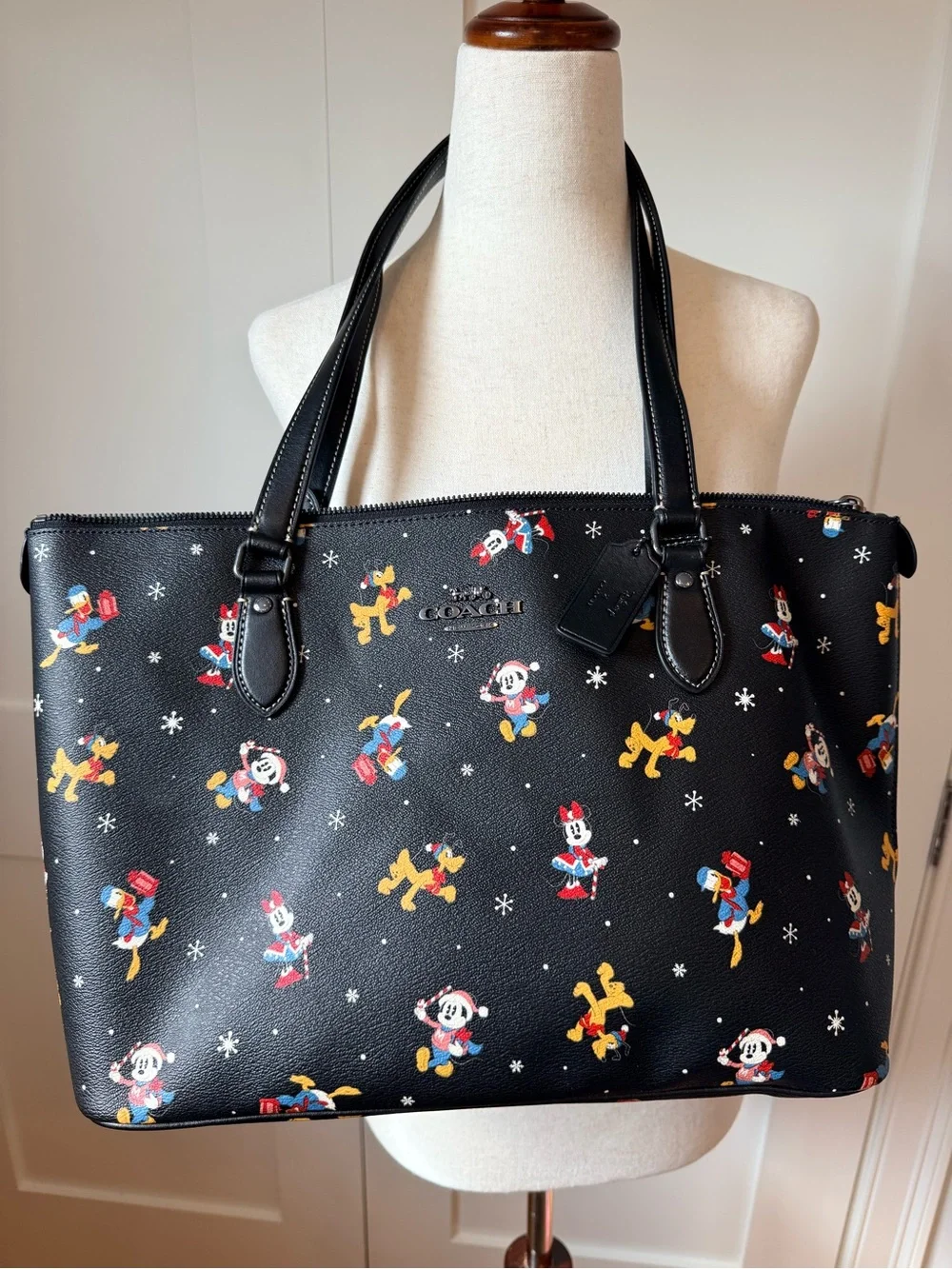 Coach X Disney Black Leather Gallery Tote with Disney Christmas Character Print